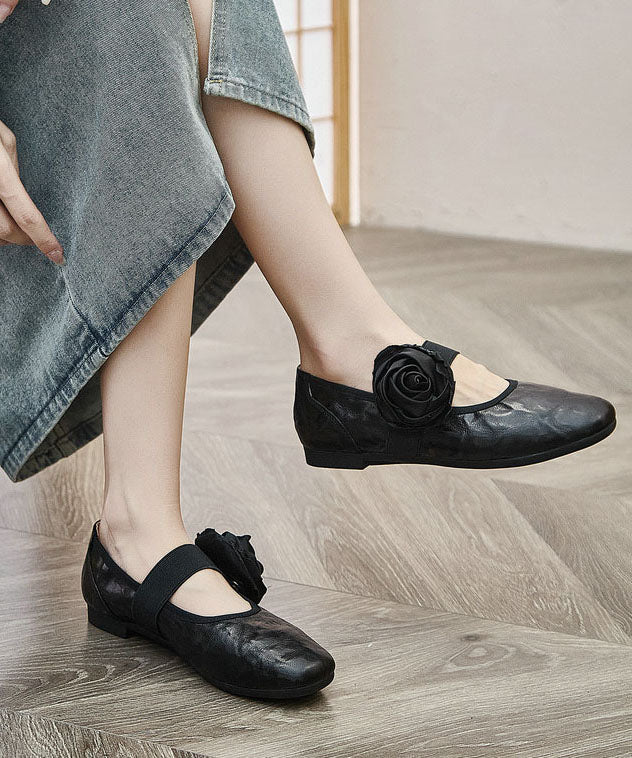 Art Pointed Toe Faux Leather Flat Feet Shoes Black Flower Flats