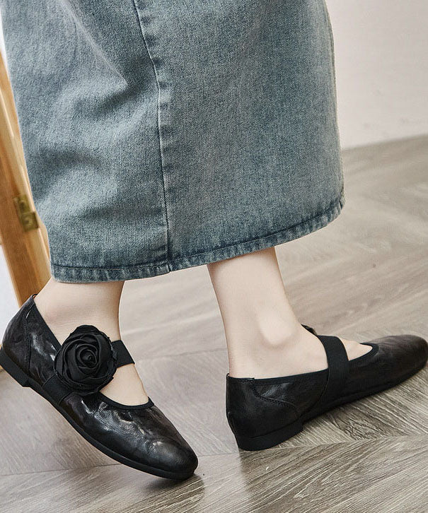 Art Pointed Toe Faux Leather Flat Feet Shoes Black Flower Flats