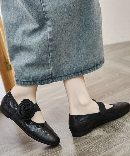 Art Pointed Toe Faux Leather Flat Feet Shoes Black Flower Flats