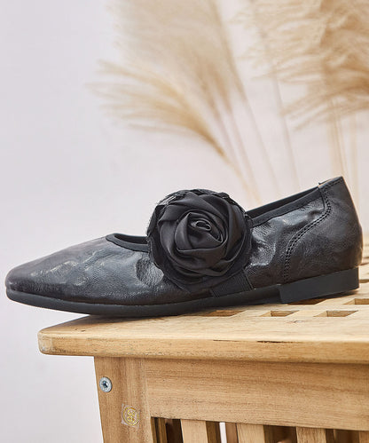 Art Pointed Toe Faux Leather Flat Feet Shoes Black Flower Flats