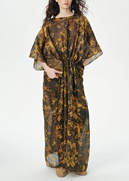 Art Print Drawstring Linen Maxi Dress Batwing Sleeve