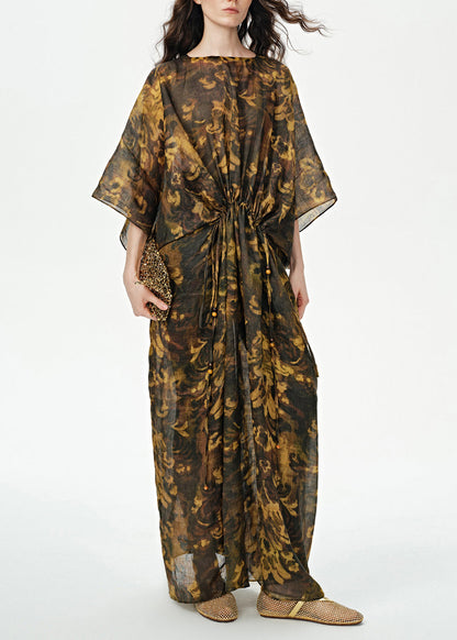 Art Print Drawstring Linen Maxi Dress Batwing Sleeve