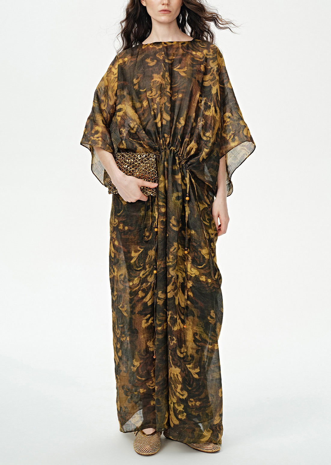Art Print Drawstring Linen Maxi Dress Batwing Sleeve