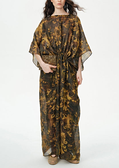 Art Print Drawstring Linen Maxi Dress Batwing Sleeve