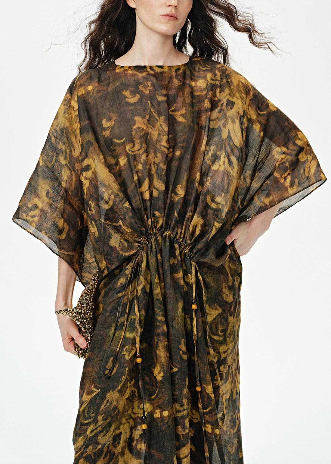 Art Print Drawstring Linen Maxi Dress Batwing Sleeve