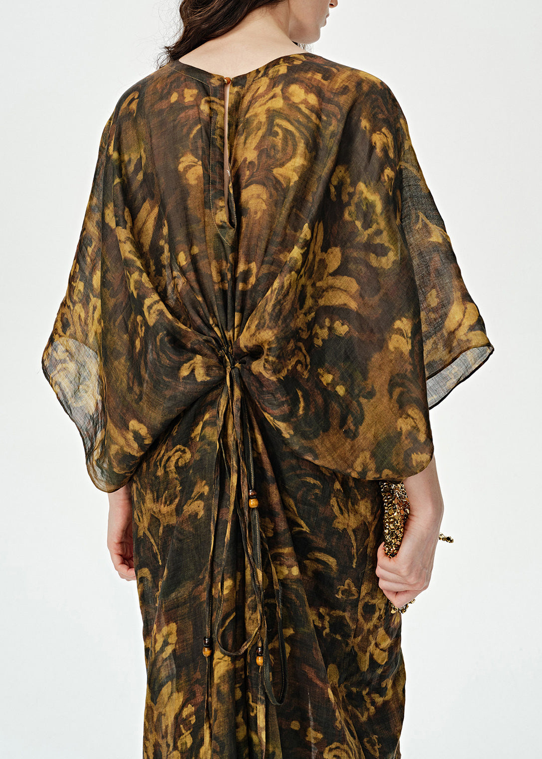 Art Print Drawstring Linen Maxi Dress Batwing Sleeve