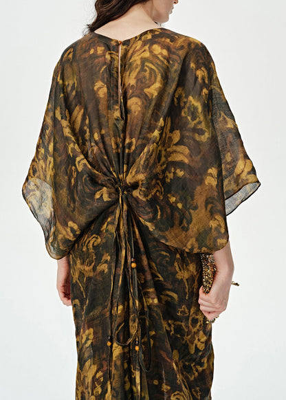 Art Print Drawstring Linen Maxi Dress Batwing Sleeve