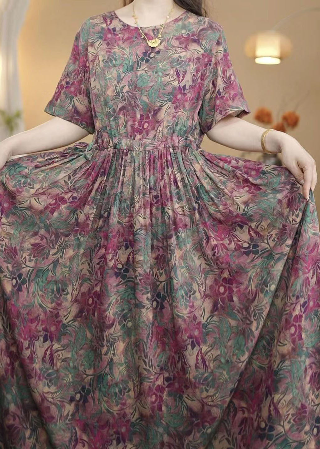 Art Print Exra Large Hem Cotton Cinched Dress Summer