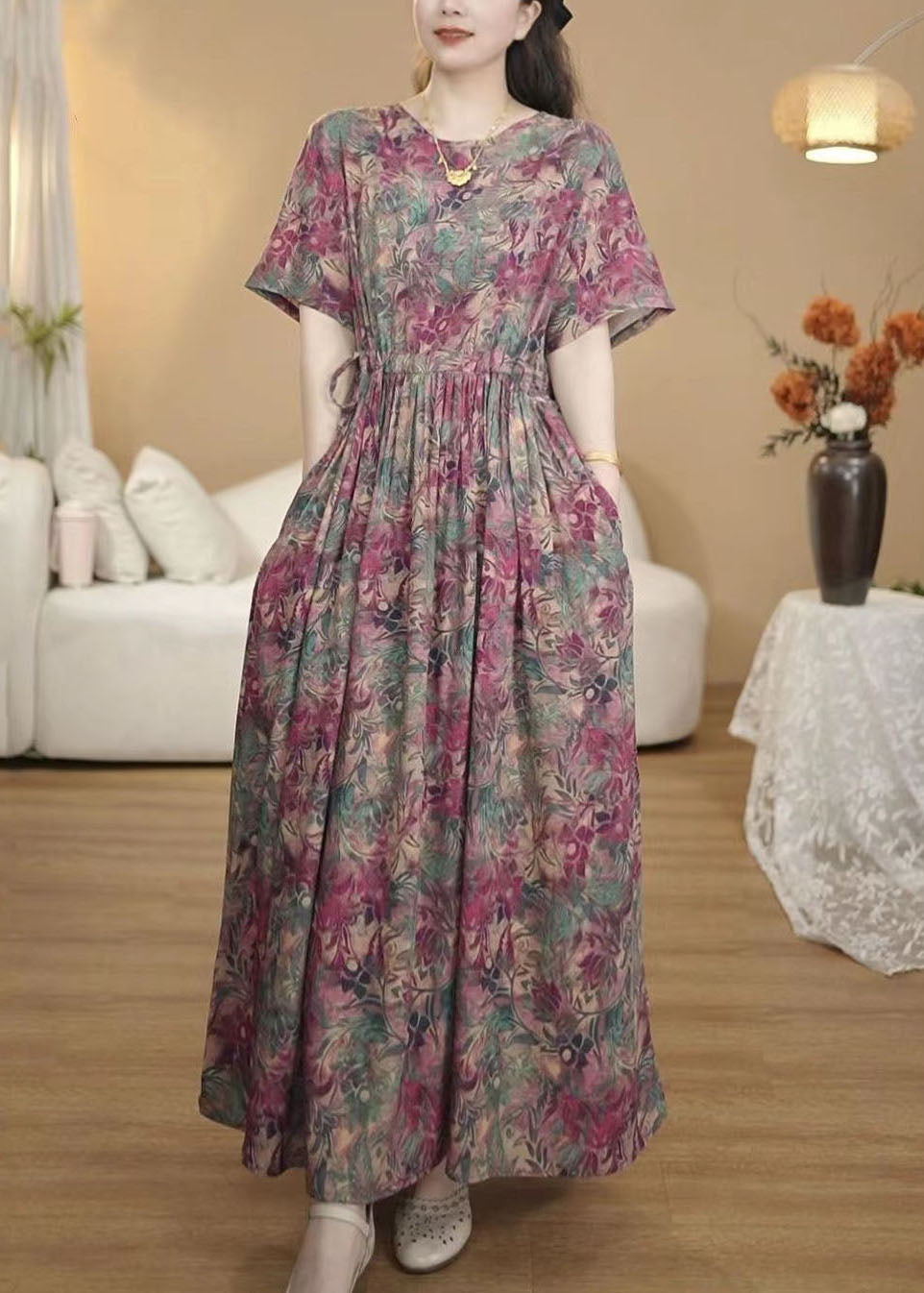 Art Print Exra Large Hem Cotton Cinched Dress Summer