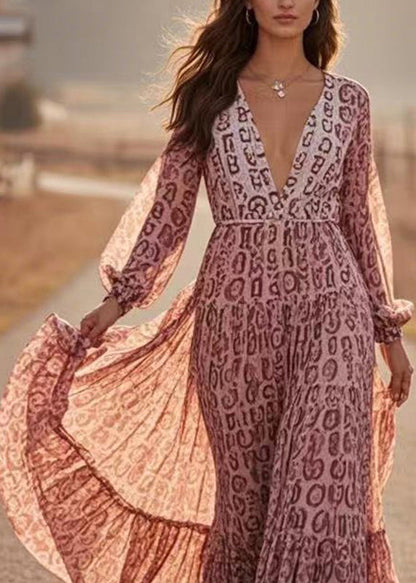 Art Print Tunic Chiffon Vacation Maxi Dresses Spring