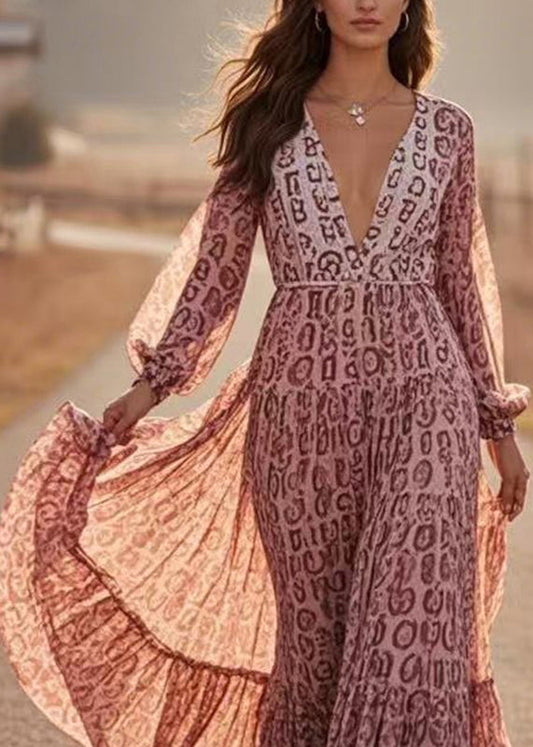 Art Print Tunic Chiffon Vacation Maxi Dresses Spring
