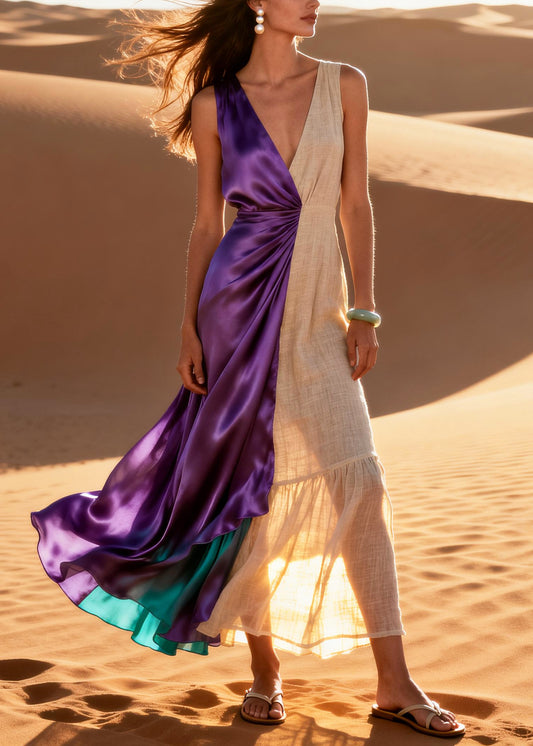 Art Purple Asymmetrical Patchwork Linen Silk Dresses Summer