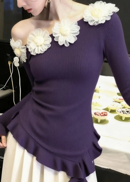 Art Purple Cold Shoulder Floral Knit Sweater Winter