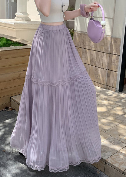 Art Purple High Waist Patchwork Lace Wrinkled Chiffon Skirts Summer