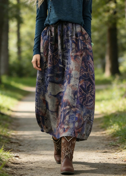Art Purple High Waist Pockets Patchwork Print Linen Skirt Summer