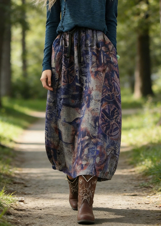 Art Purple High Waist Pockets Patchwork Print Linen Skirt Summer