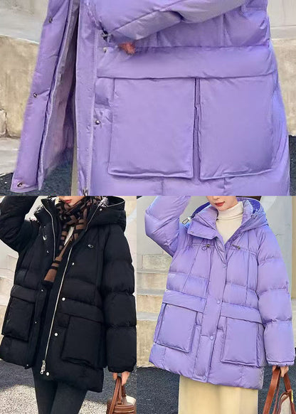 Art Purple Hooded Pockets Duck Down Puffer Jacket Winter