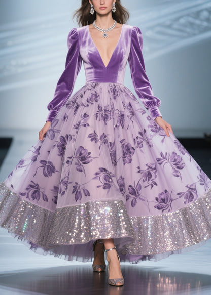 Art Purple Print Tulle Patchwork Silk Velvet Exra Large Hem Dress Spring