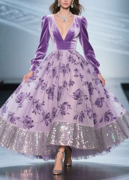 Art Purple Print Tulle Patchwork Silk Velvet Exra Large Hem Dress Spring