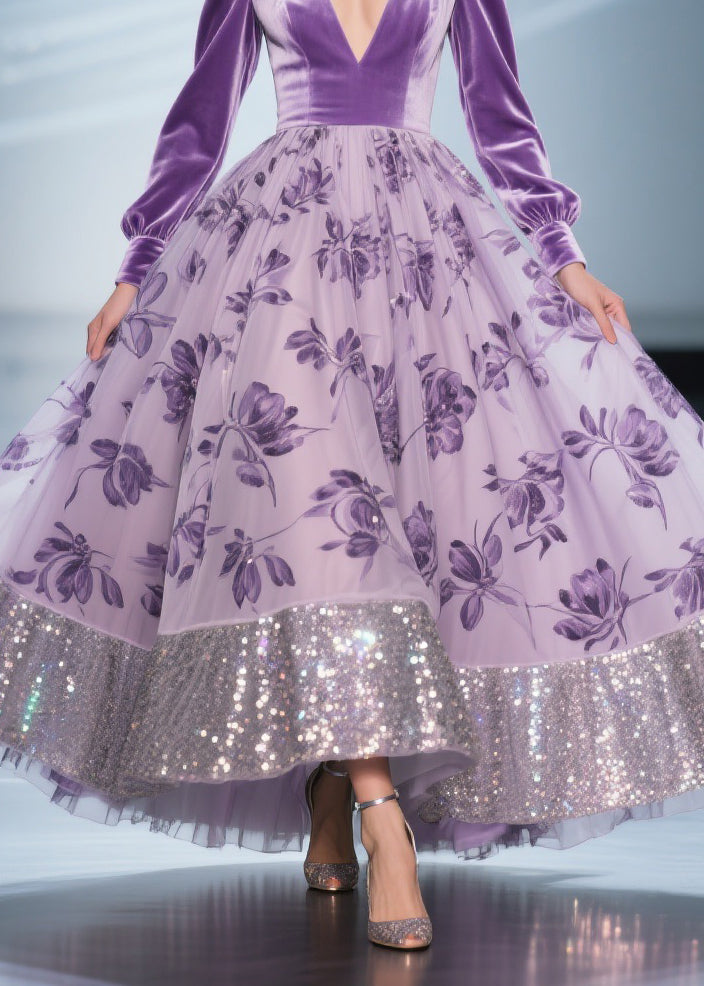 Art Purple Print Tulle Patchwork Silk Velvet Exra Large Hem Dress Spring