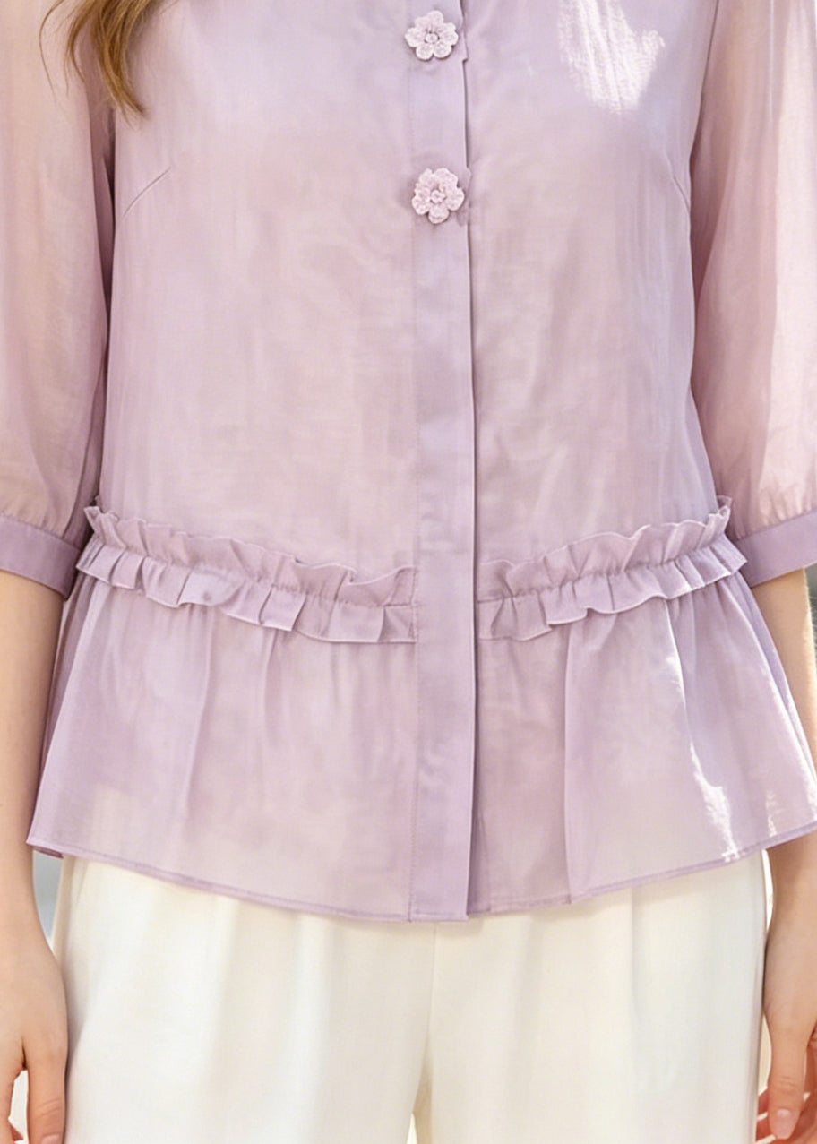 Art Purple Ruffled Floral Cotton Shirt Half Sleeve