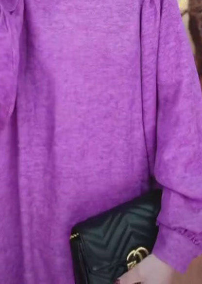 Art Purple Ruffled Patchwork Cotton Straight Dresses Long sleeve