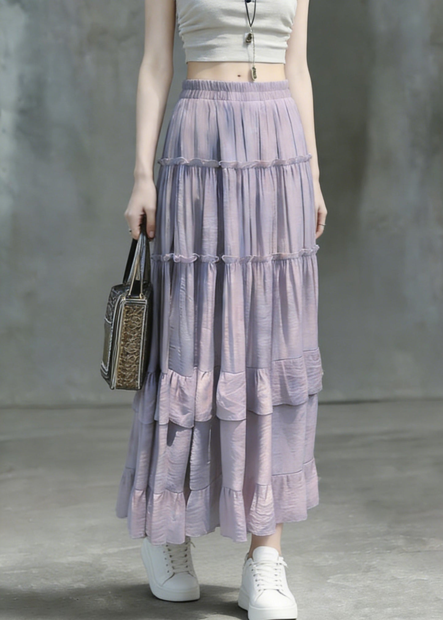 Art Purple Ruffled Patchwork Solid Maxi Skirts