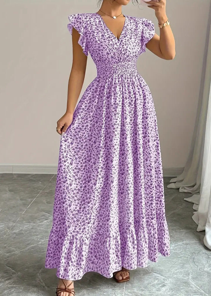 Art Purple Ruffles Print Cotton Vacation Dresses Summer