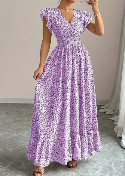 Art Purple Ruffles Print Cotton Vacation Dresses Summer