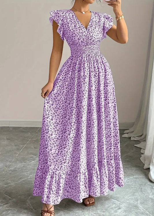 Art Purple Ruffles Print Cotton Vacation Dresses Summer