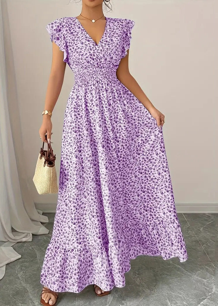 Art Purple Ruffles Print Cotton Vacation Dresses Summer