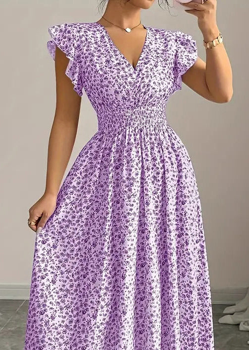 Art Purple Ruffles Print Cotton Vacation Dresses Summer