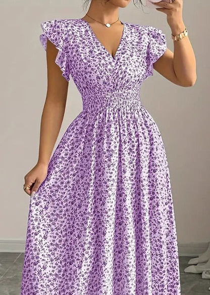 Art Purple Ruffles Print Cotton Vacation Dresses Summer