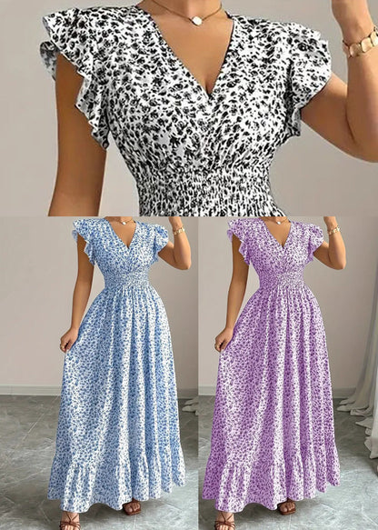 Art Purple Ruffles Print Cotton Vacation Dresses Summer