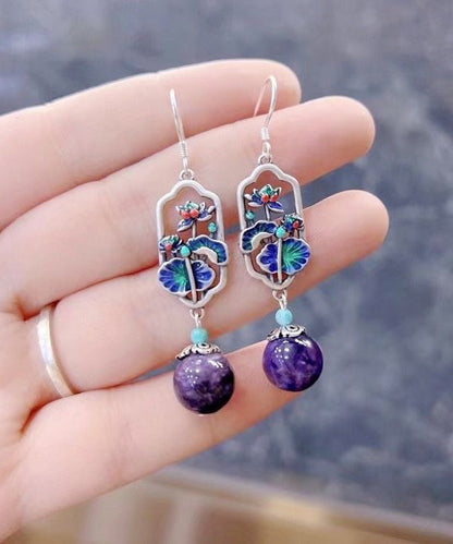 Art Purple Sterling Silver Crystal Cloisonne Lotus Leaf Drop Earrings