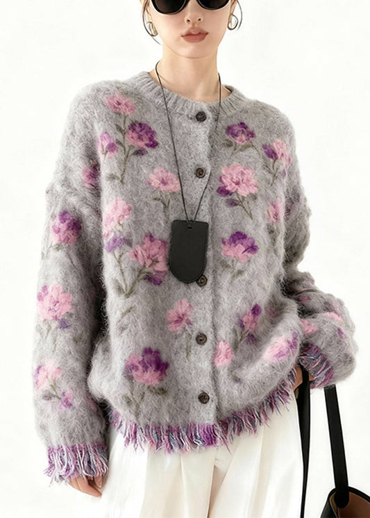 Art Purple Tasseled Floral Cozy Knit Coats Spring