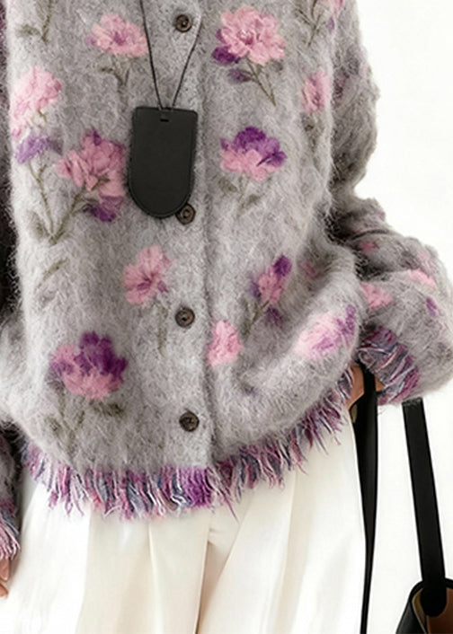 Art Purple Tasseled Floral Cozy Knit Coats Spring