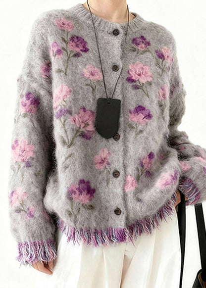 Art Purple Tasseled Floral Cozy Knit Coats Spring
