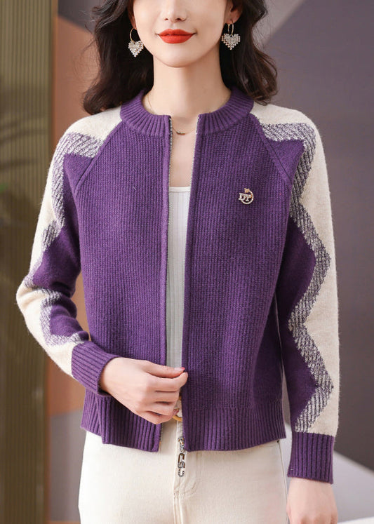 Art Purple Zip Up Cozy Patchwork Knit Coat Winter