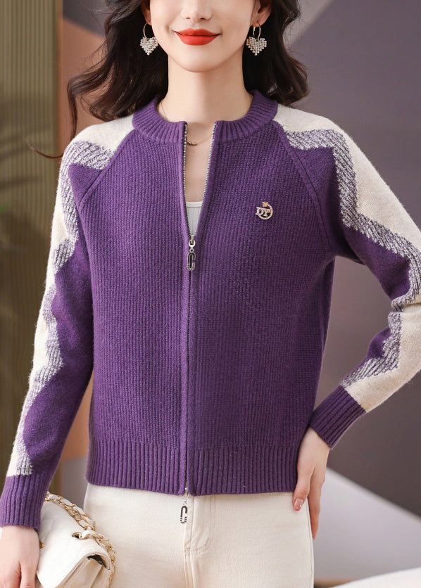 Art Purple Zip Up Cozy Patchwork Knit Coat Winter