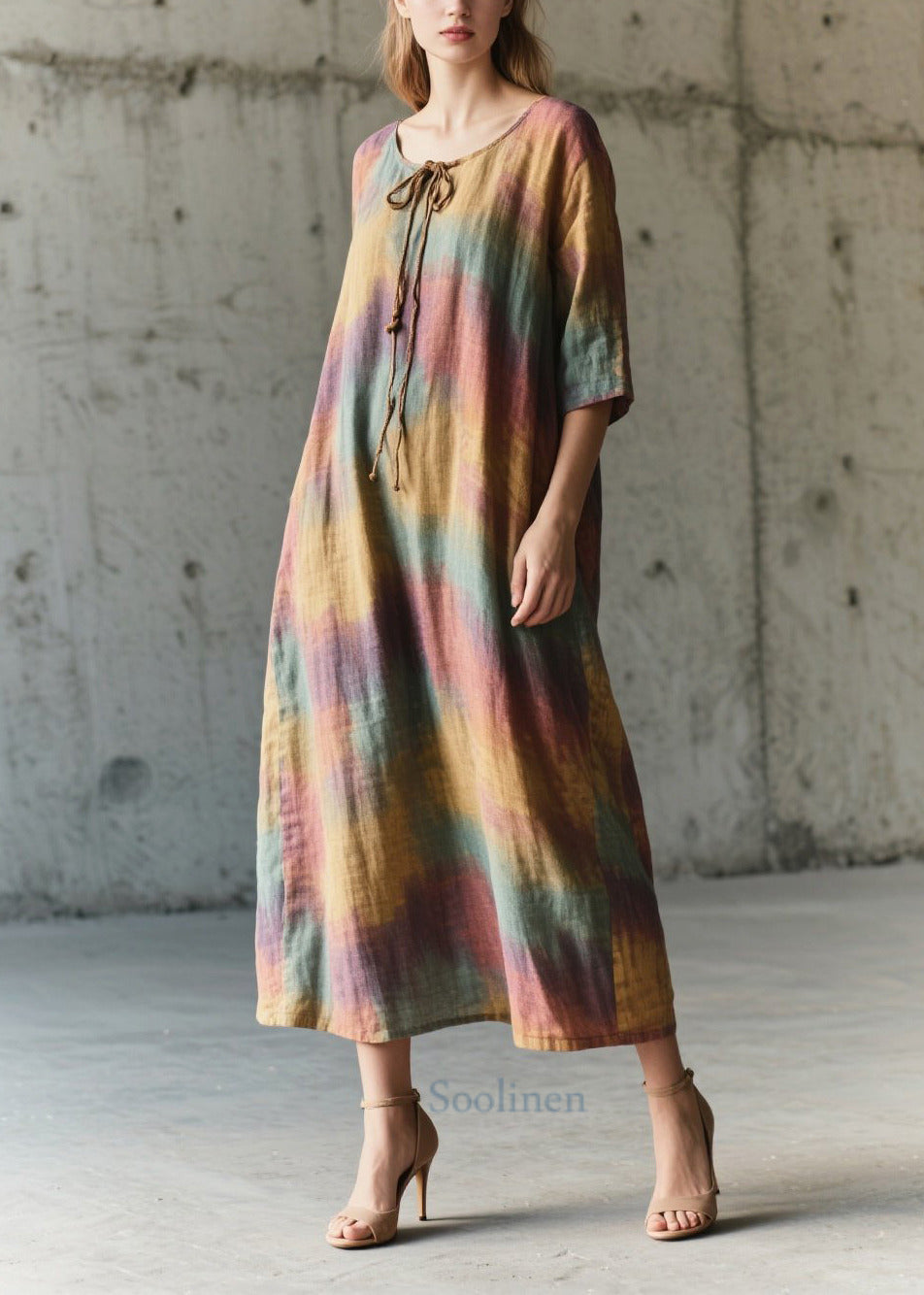 Art Rainbow Oversized Tie Dye Cotton Vacation Dresses Half Sleeve