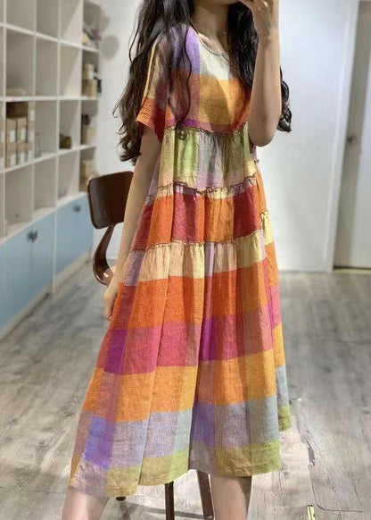 Art Rainbow Ruffled Plaid Linen Dress Summer