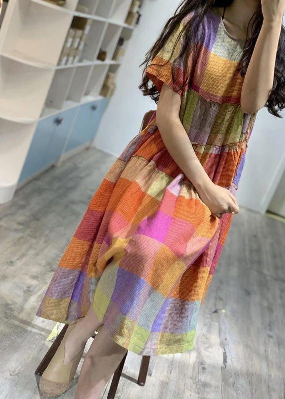 Art Rainbow Ruffled Plaid Linen Dress Summer