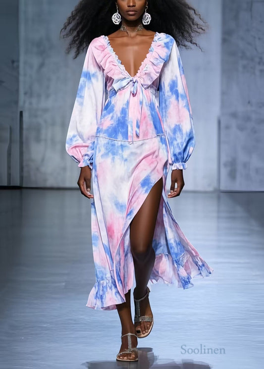 Art Rainbow Ruffled Tie Dye Side Open Chiffon Robe Dresses Spring