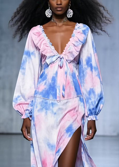 Art Rainbow Ruffled Tie Dye Side Open Chiffon Robe Dresses Spring