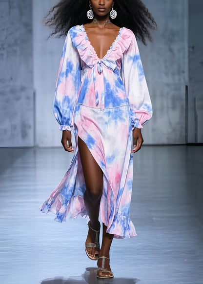 Art Rainbow Ruffled Tie Dye Side Open Chiffon Robe Dresses Spring