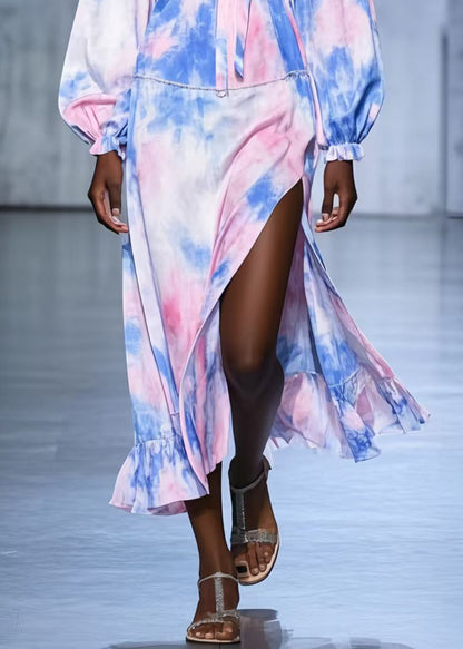 Art Rainbow Ruffled Tie Dye Side Open Chiffon Robe Dresses Spring