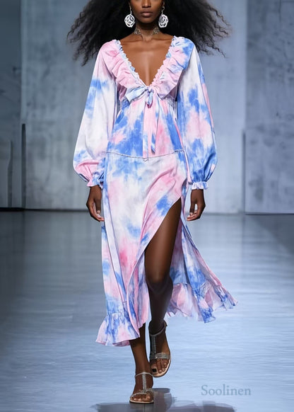 Art Rainbow Ruffled Tie Dye Side Open Chiffon Robe Dresses Spring