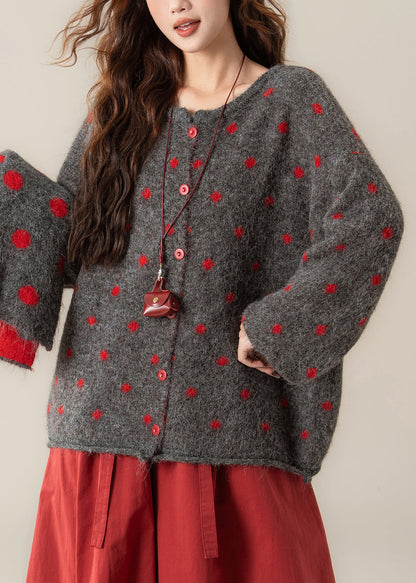 Art Red Button Dot Knit Coats Winter
