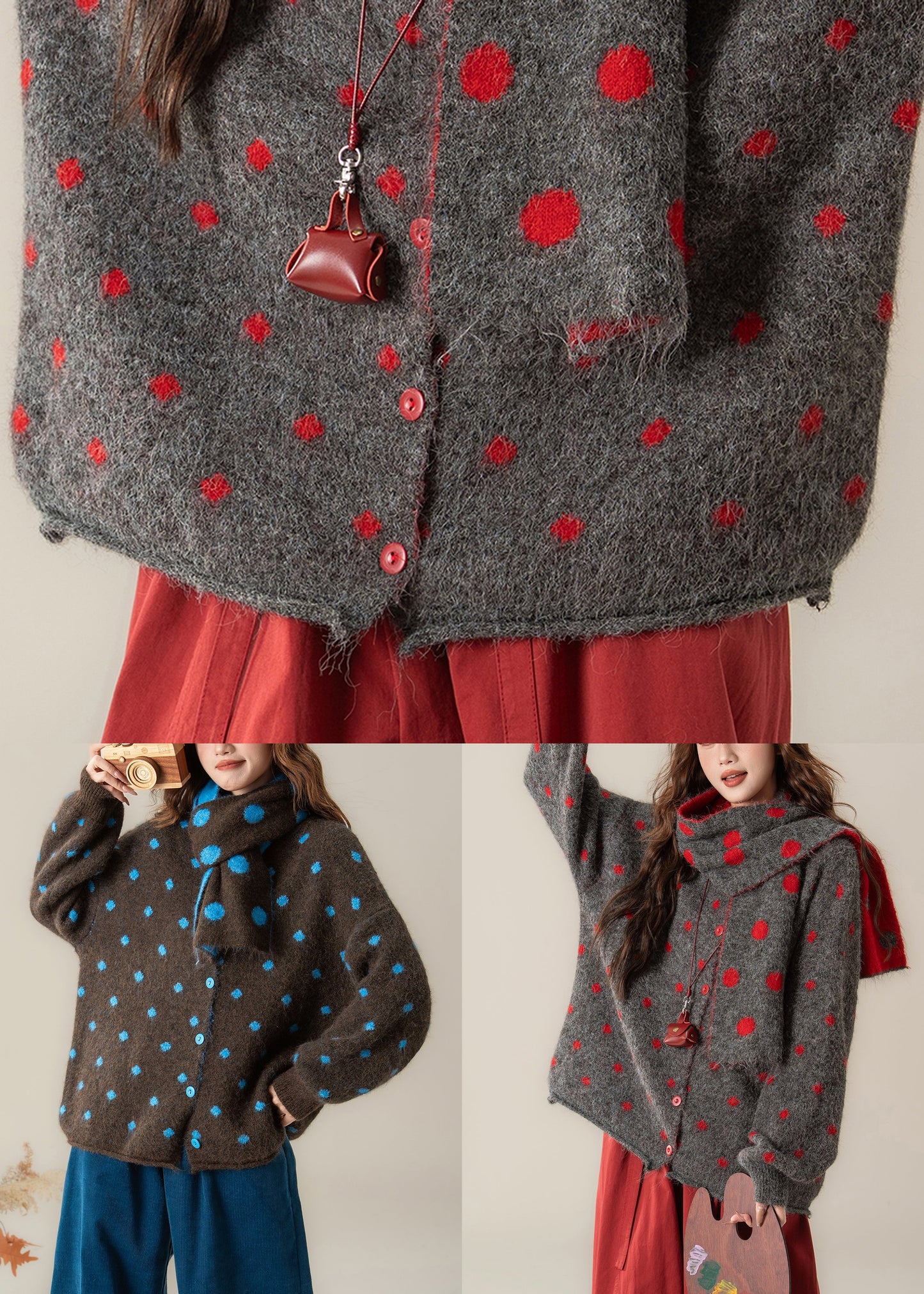 Art Red Button Dot Knit Coats Winter